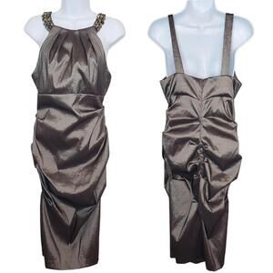 Cache Women's 12 Metallic Silver Bejeweled Formal Evening Dress
